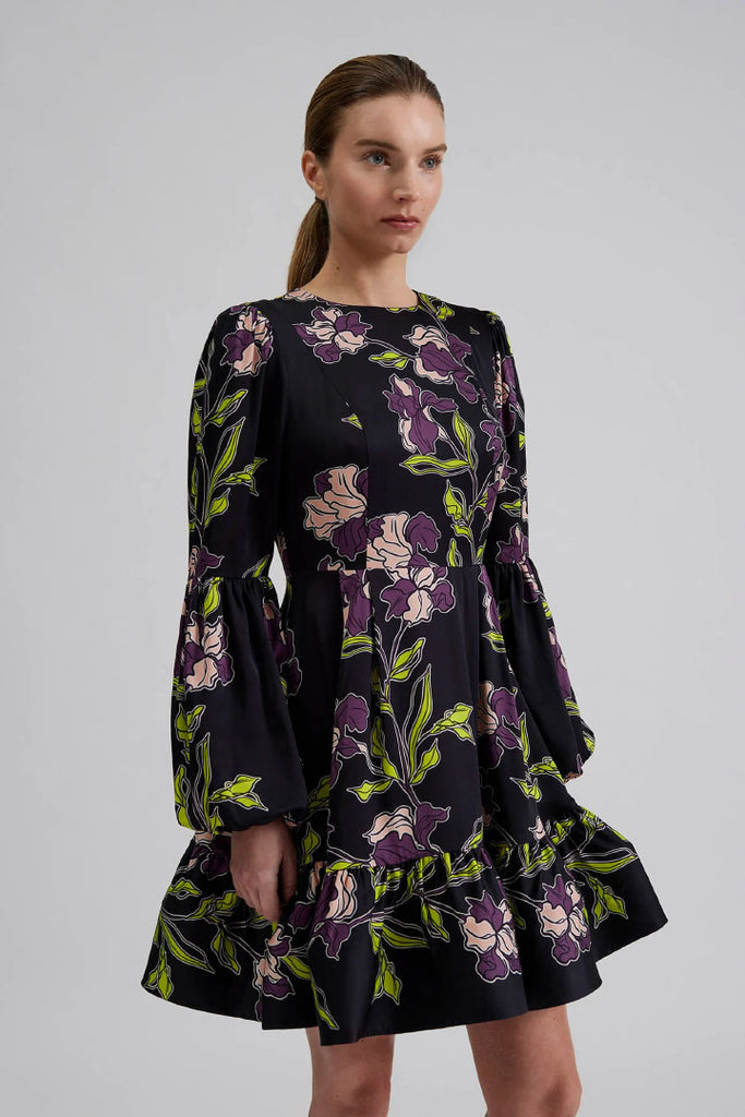 malina Jasmine Printed Ruffled Mini Dress Fall Florals Black