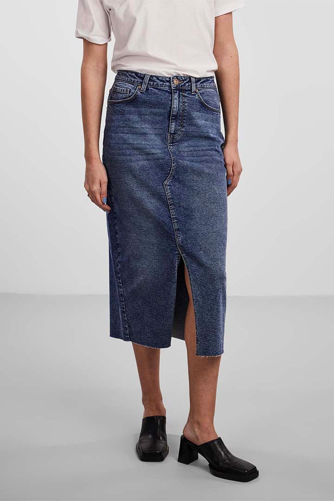 Pieces Jessie High Waist Denim Midi Skirt Medium Blue Denim