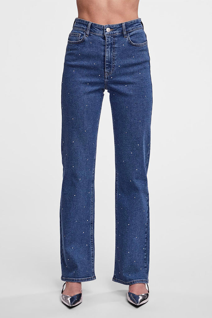 Pieces Siffi Wide Rhinestone Jeans Blue Denim
