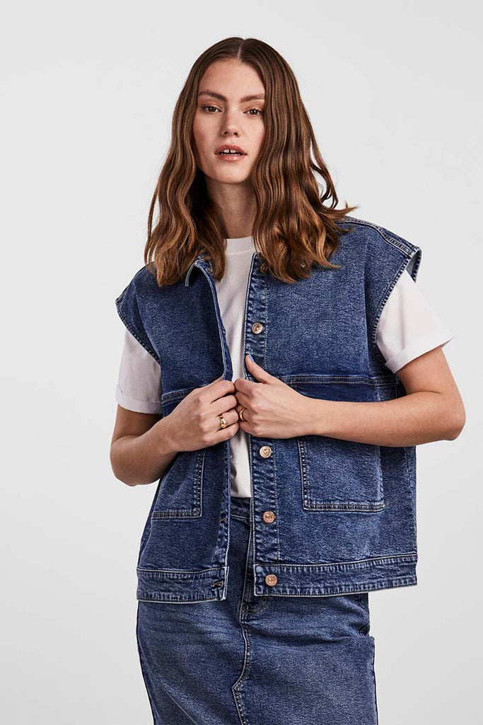 Pieces Jessie Loose Denim Vest Blue