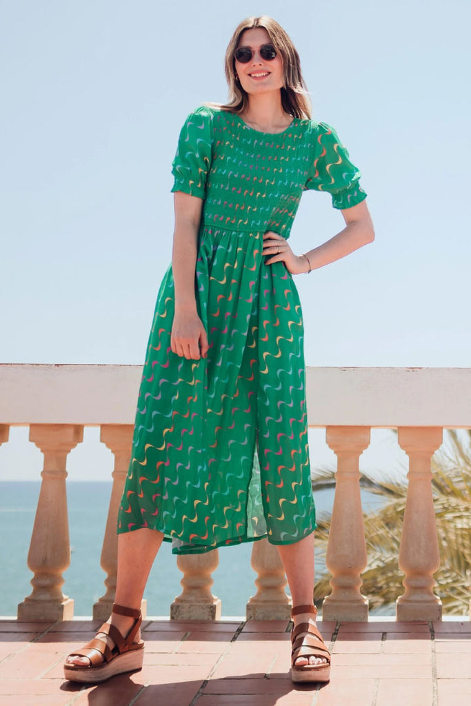 Sugarhill Rosita Midi Shirred Dress Green