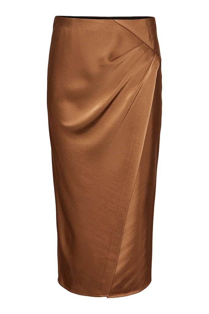 YAS Pista Drape Midi Skirt Brown