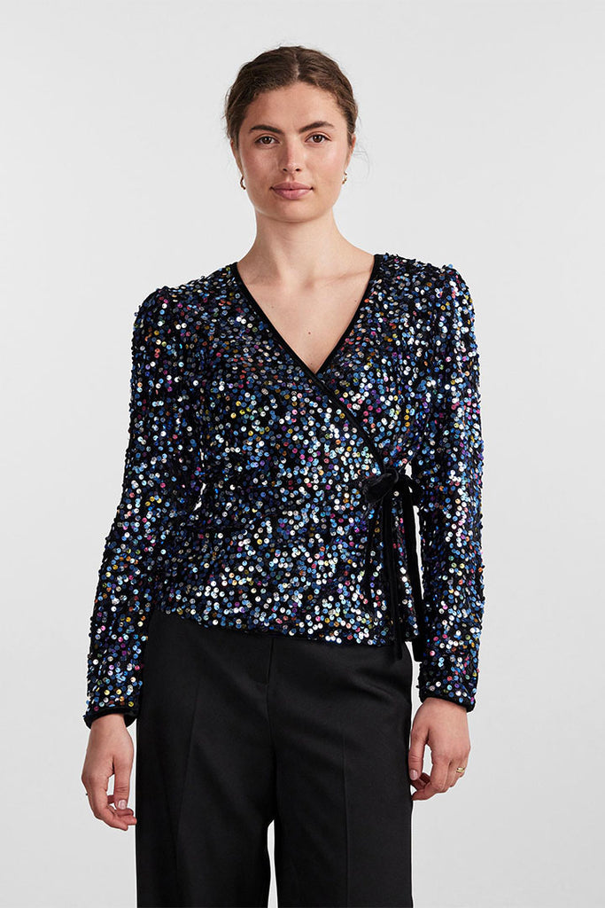 YAS Killo Sequin Wrap Top Black
