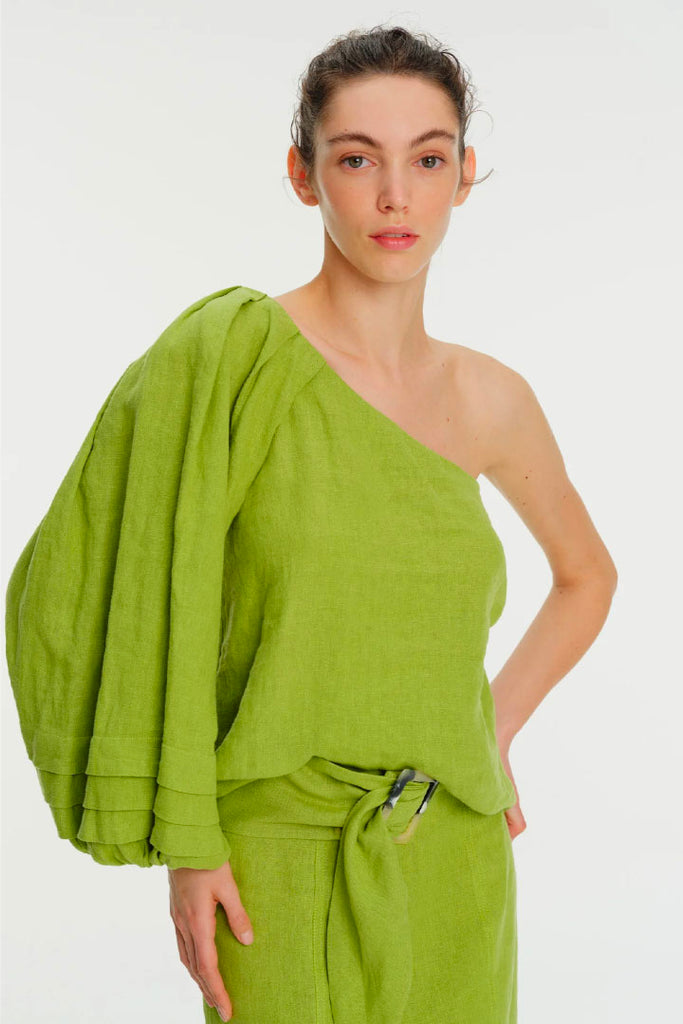 Exquise One Shoulder Linen Blouse Green