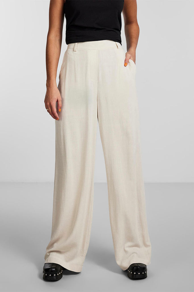 Pieces Vinsty High Waist Linen Wide Pants Cream