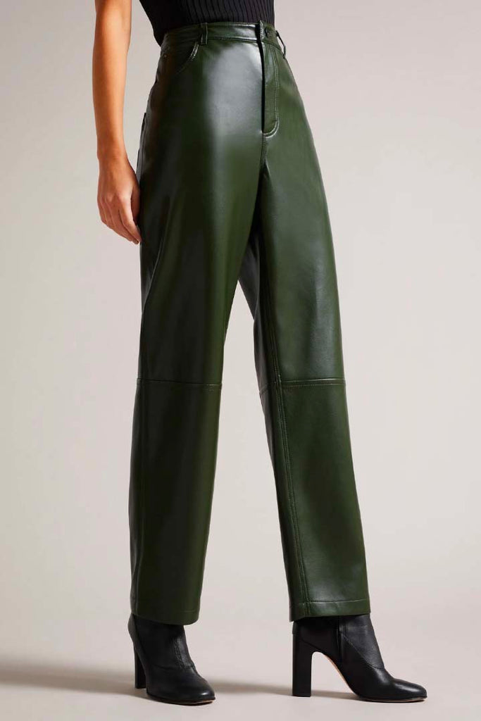 Ted Baker Clothing Plaider Panelled Straight Leg PU Trousers Green